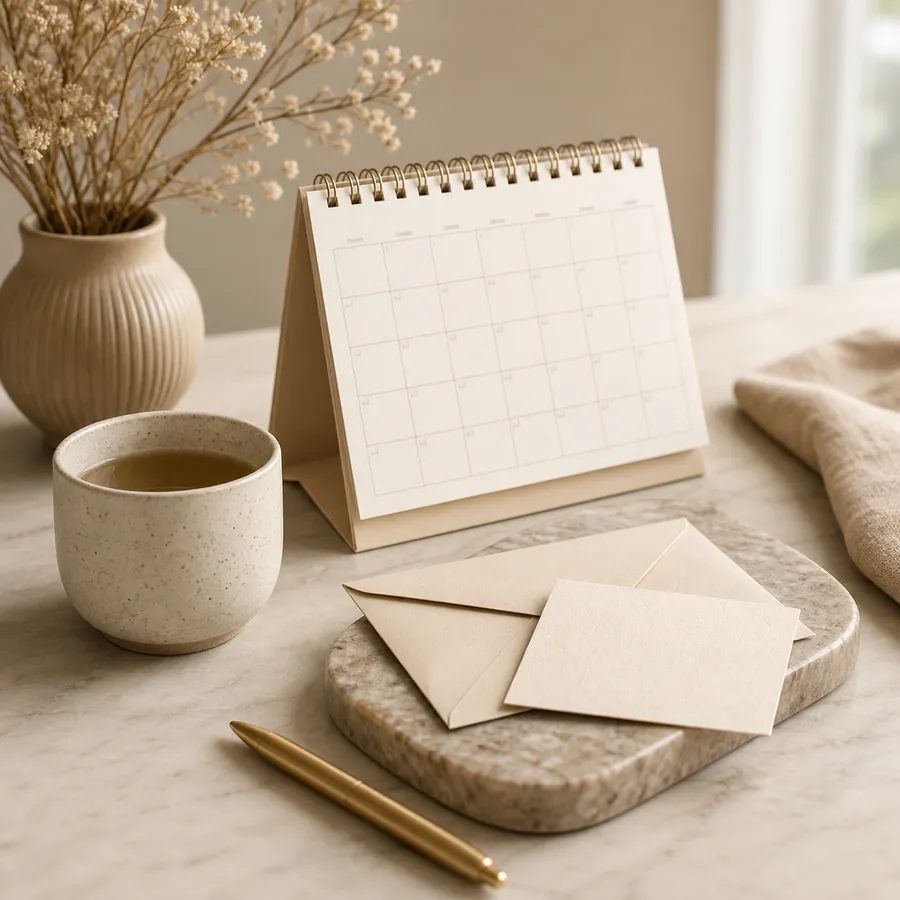 A softly lit desk with a calendar and stationery for planning a first session
