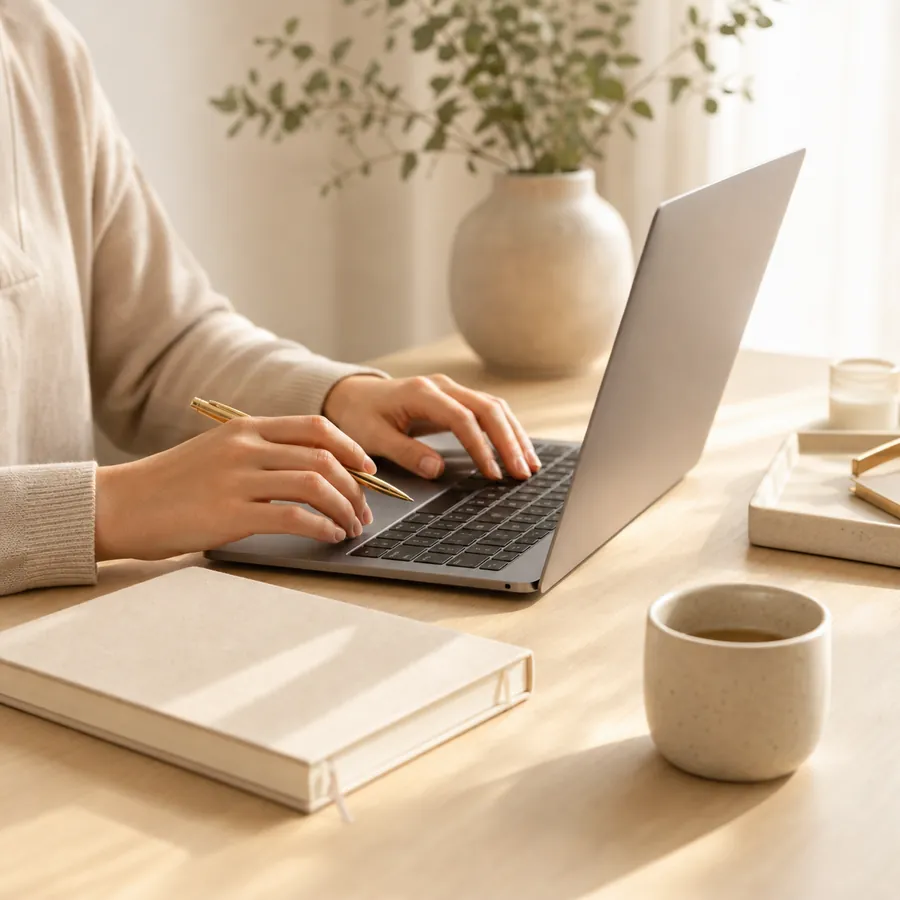 Hands completing a therapy enquiry on a laptop at a calm desk