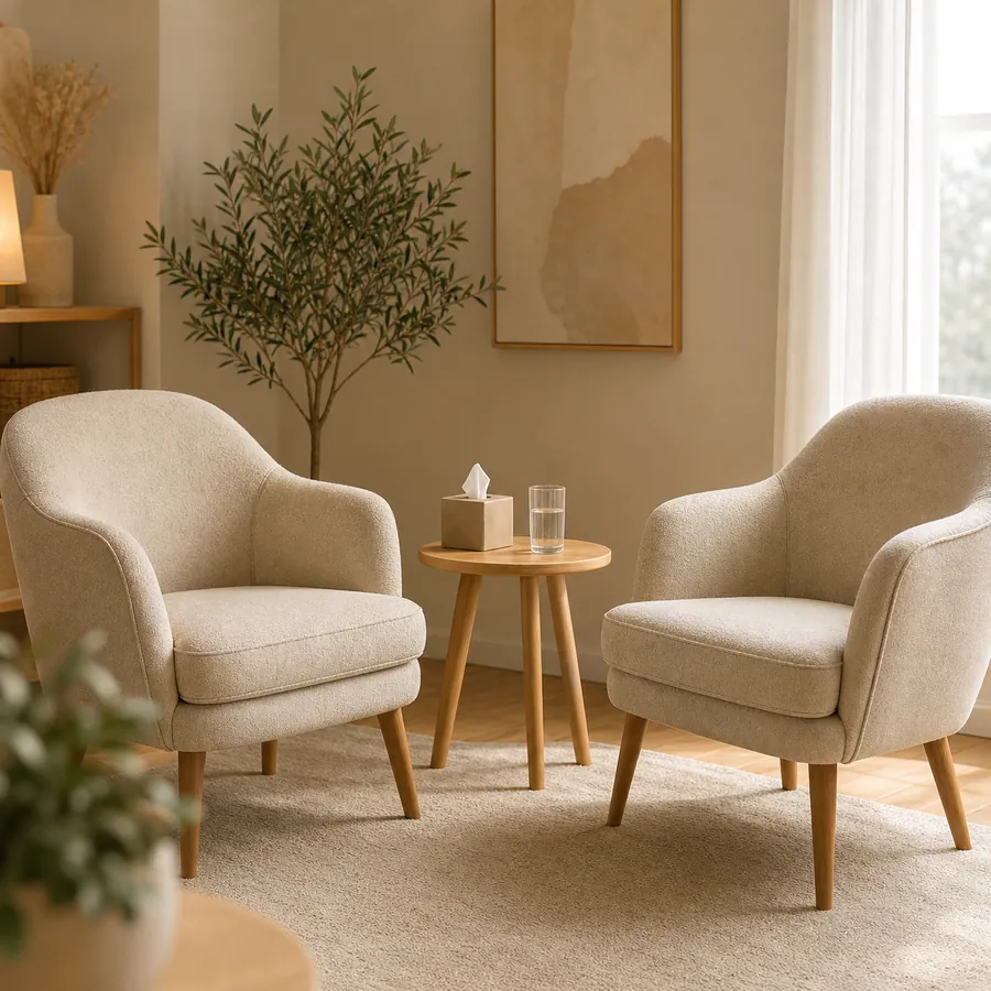 A warm therapy room with two chairs ready for conversation